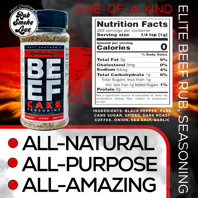 Beef Cake™ BBQ Rub and Seasoning | All-Natural Low Sodium Blend for Steaks, Burgers, Brisket and More (9.5oz) | by Matt Chatham