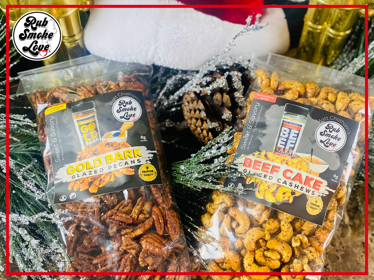 Double Pounder Glazed Nuts: 1 LB Gold Bark Pecans, 1 LB Beef Cake Cashews