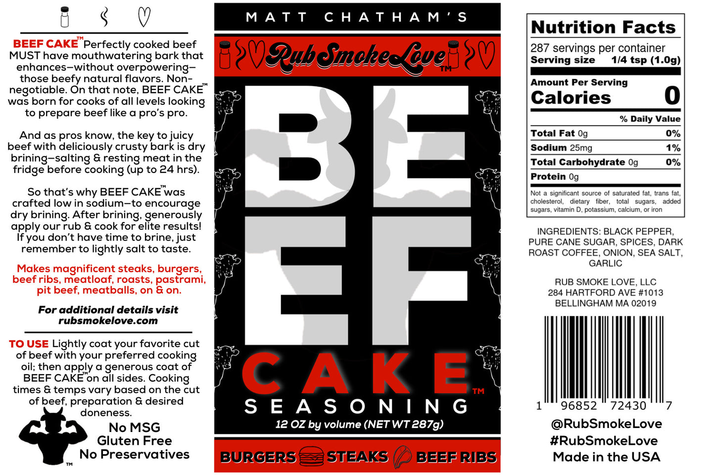 Beef Cake™ BBQ Rub and Seasoning | All-Natural Low Sodium Blend for Steaks, Burgers, Brisket and More (9.5oz) | by Matt Chatham