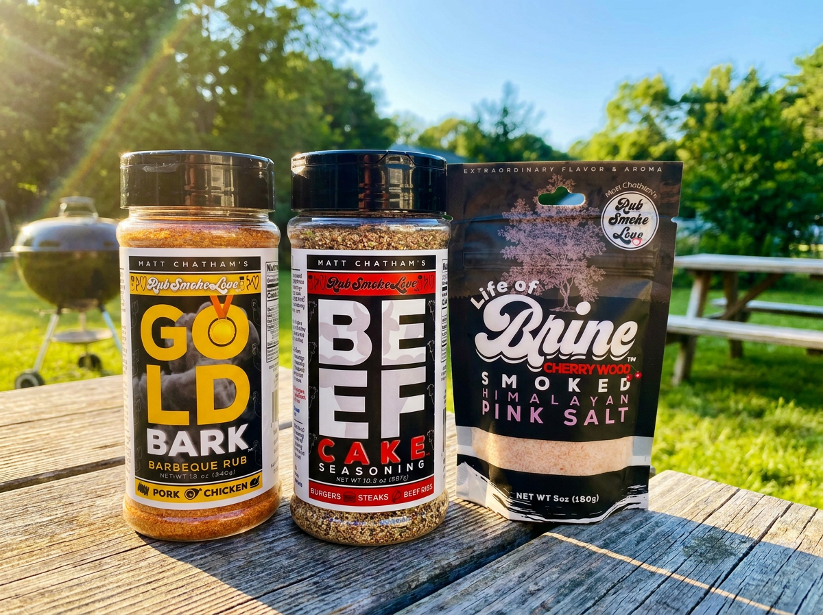 Rub Smoke Love Essential Summer Pack | Gold Bark®, Beef Cake™ & Life of Brine® Cherry Wood Smoked Salt