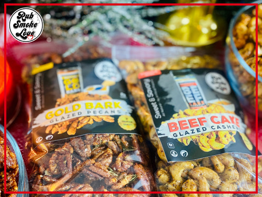 Double Pounder Glazed Nuts: 1 LB Gold Bark Pecans, 1 LB Beef Cake Cashews