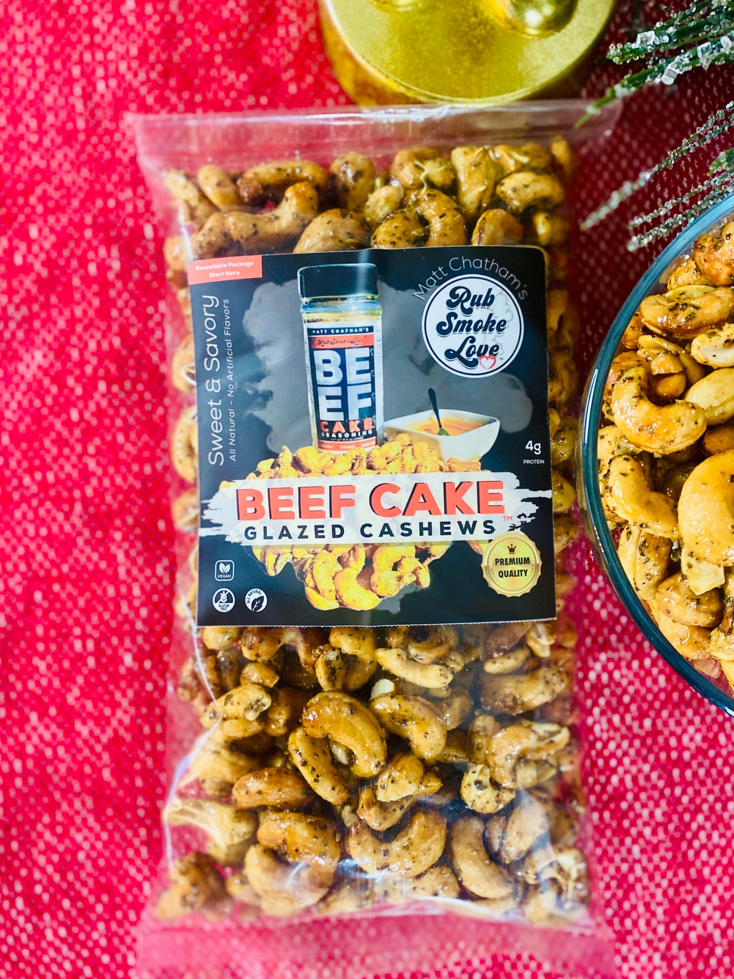 BEEF CAKE Glazed Cashews, 1 Pound Bag